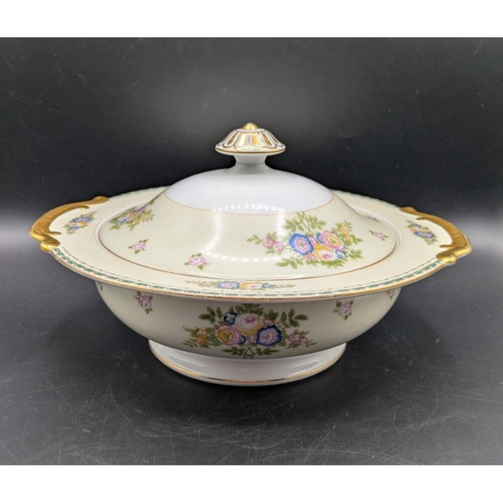 Meito China Round Covered Vegetable Serving Bowl Atwater Floral Gold Gilt 10"